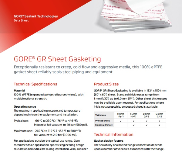 Data sheet for GORE? GR Sheet Gasketing